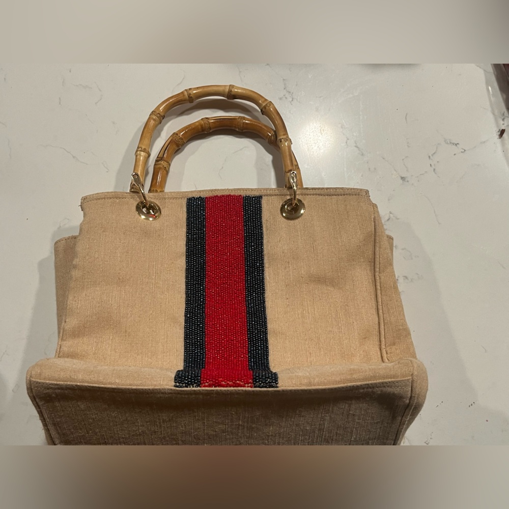Tiana NY Beaded Bamboo Handle Tote w/ red and blue Beading